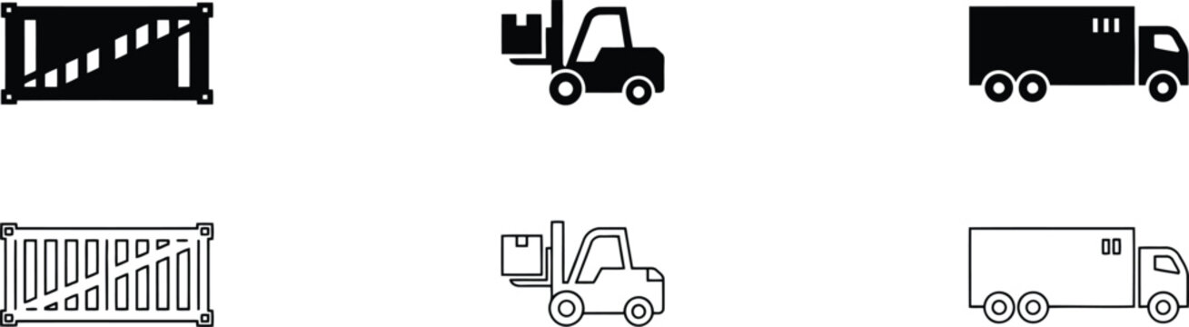 Set of six logistics and transportation featuring shipping containers, forklifts with boxes, and delivery trucks in solid and line styles