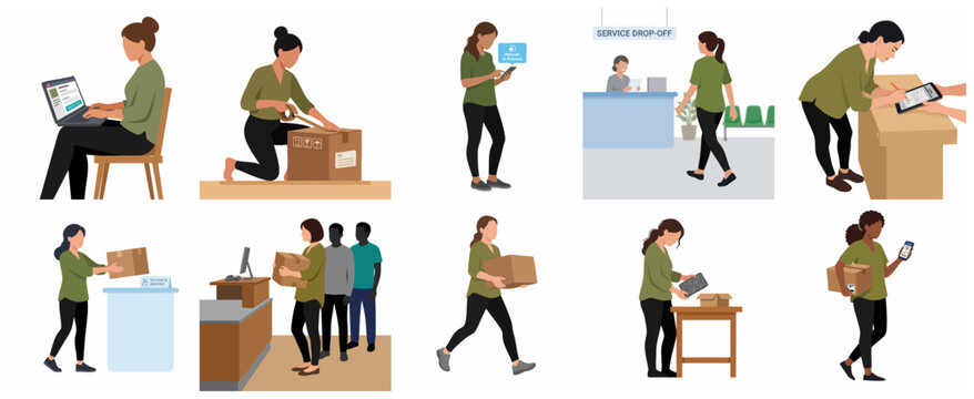 Set of women managing product returns and shipping logistics, including packaging boxes, visiting drop-off points, and tracking orders online in a flat vector illustration style