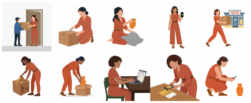 Flat vector illustration set of a female entrepreneur managing an online shop, packing orders, shipping packages, and handling customer returns for her small business.