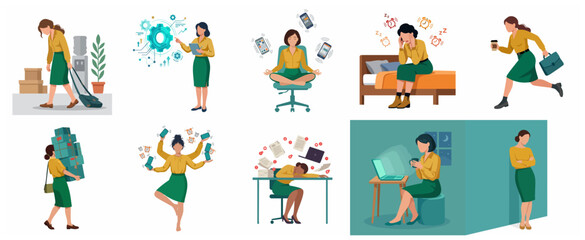 Fototapeta premium Businesswoman experiencing burnout, work stress, and multitasking in various professional situations, flat vector illustration set