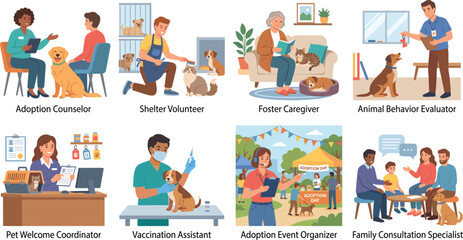 Fototapeta premium Animal Adoption and Pet Welfare Professionals Vector Illustration Collection for Shelter Care Services