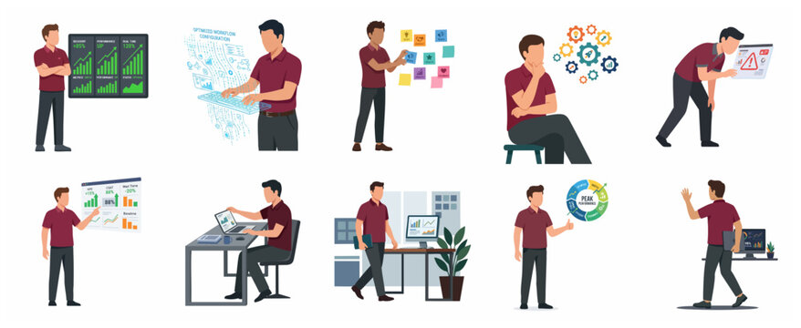 Business man character set performing various office tasks, data analysis, and productivity workflows in a flat vector style