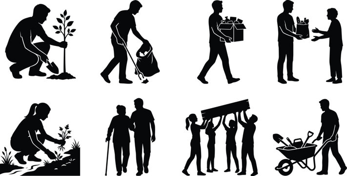 Community Service and Volunteer Silhouette Collection Featuring Environmental Care, Assistance and Teamwork Activities