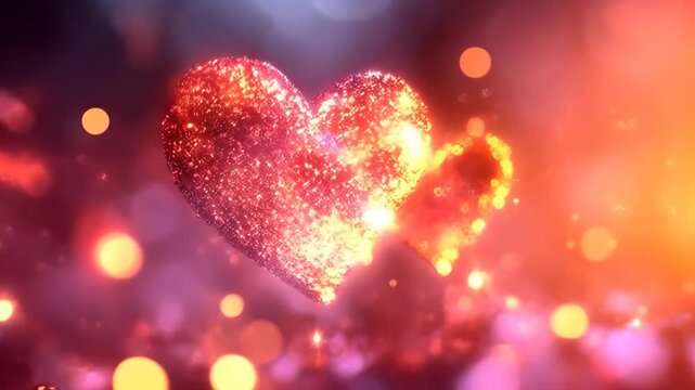 Glowing red and golden hearts floating in warm bokeh lights with glittering sparkles. AI fluid aesthetic background for Valentine's Day event design, romantic concept or luxury retail marketing.