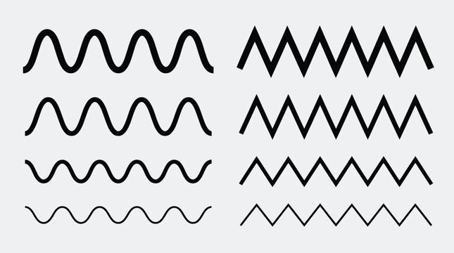 Wave line and wavy zigzag lines. Black curved lines pattern in abstract style. Horizontal geometric decoration element. Vector illustration.