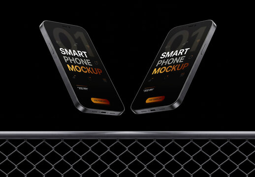 Dual Smartphones Floating Above Chain Mockup