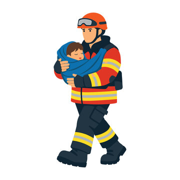 Firefighter cradles a sleeping child, rescuing the baby and embodying protection, emergency relief, heroism