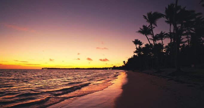 Paradise tropical island beach with palm trees lagoon and ocean during scenic sunrise, exotic beach resort in Punta Cana, Dominican republic
