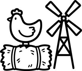 Cute cartoon chicken on hay bale with windmill, simple line art farm illustration © Brian