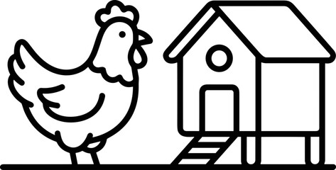 Chicken And Coop Icon: Simple Line Art Illustration of Farm Animal and Hen House © Brian