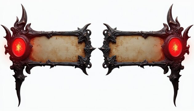Ornate dark metal frames with glowing red orbs and aged paper inserts. Futuristic game UI elements with gothic fantasy design. Digital art for interfaces.