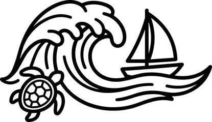 Obraz premium Sailboat Navigating Ocean Waves with Sea Turtle Illustration