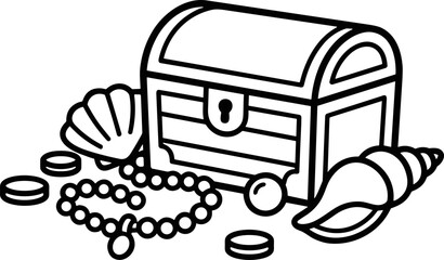 Treasure Chest with Pearls, Coins, and Seashells - Outline Illustration © Brian