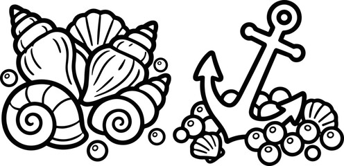 Fototapeta premium Nautical Icons: Seashells and Anchor Illustration - Vector Art