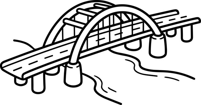 Arch Bridge Over River - Black and White Line Art Illustration