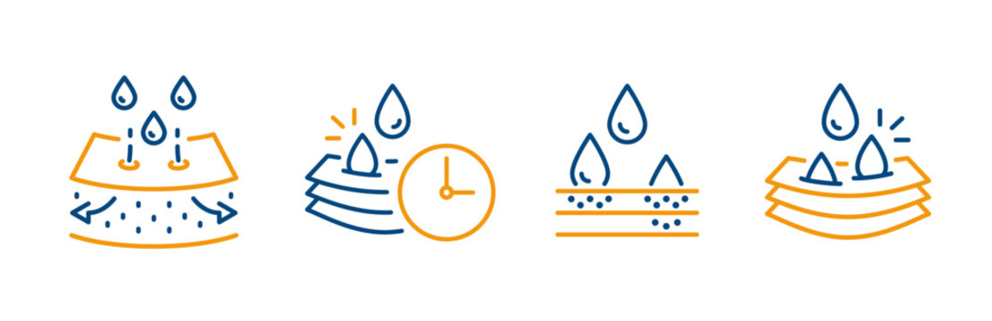 moisture absorbing fabric icons, moisture absorbent layers, wicking moist, blotting property, water drop penetration in fabric, outline icon set, thin line web symbol, editable stroke vector illustrat