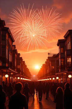 Fireworks exploding over a city street with silhouetted people a vibrant red and orange photograph pyrotechnics firecracker celebration festival new