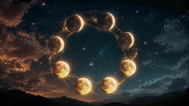 Animated lunar cycle showing moon phases arranged in a glowing circle against a starry night sky. Celestial concept representing astronomy, time and natural cycles.