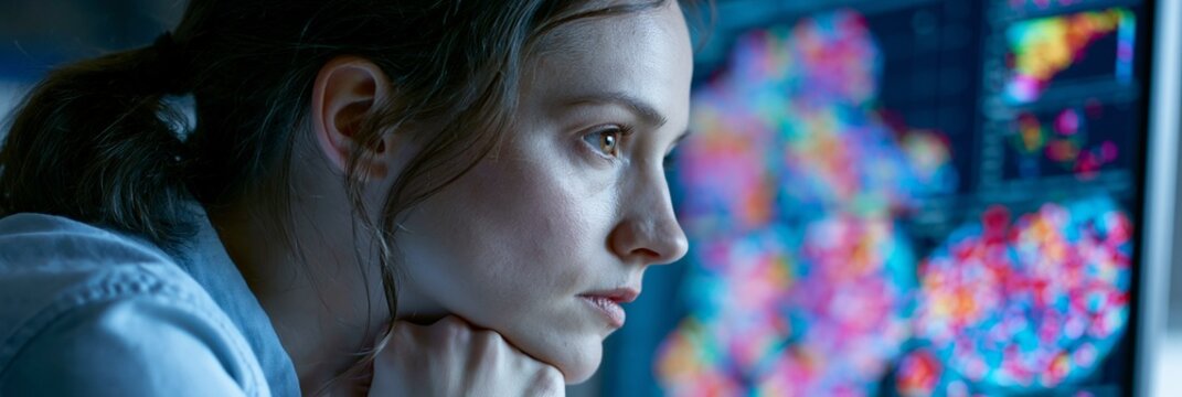 A researcher studies colorful single-cell sequencing clusters on a large monitor, heat maps and scatter plots floating around the screen, focused mood, cool studio lighting, three-quarter composition.