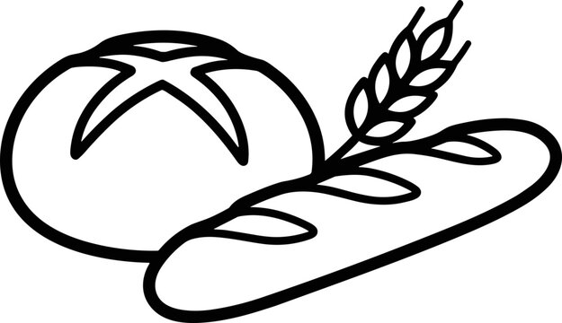 Simple Line Art Bakery Icon: Loaf of Bread, Baguette, and Wheat Stalk