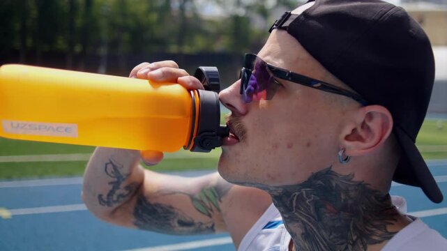 Young sportsman with polarized goggles drinks water at stadium