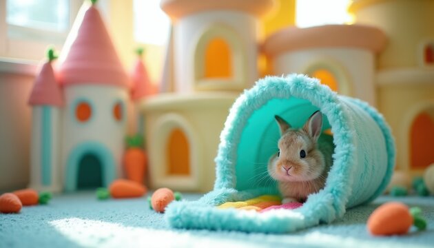 Small rabbit sits in fuzzy tunnel next to toy carrots and play castles. Bunny explores fun house with bedding. Cute pet plays inside playpen. Domestic animal rests in cozy room.