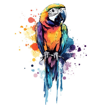 Macaw, watercolor clipart showcasing whimsical details and harmonious color flow, isolated on a white background.