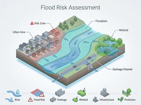 Flood Risk Assessment Infographic Shows Urban Area Near Waterway