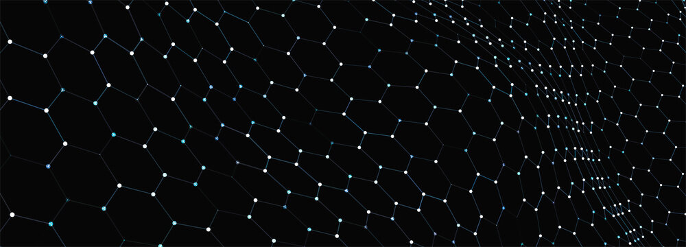 A monochrome hexagonal grid spreads out in the darkness, maintaining a strict rhythm and order. A futuristic hexagonal background. Honeycomb patterns create a sense of hidden structure and 