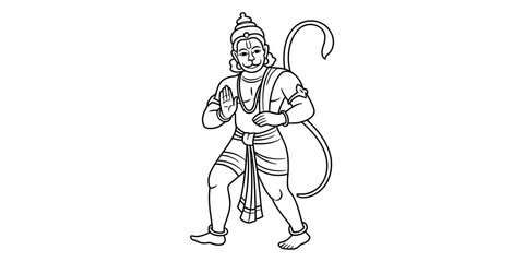 Obraz premium Hanuman deity line art, indian god, monkey god, hindu mythology, warrior pose
