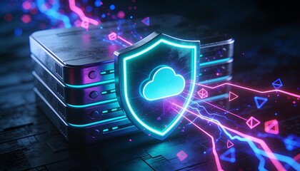 Fototapeta premium Cloud server infrastructure protected by digital firewall, cybersecurity and data protection concept, secure cloud services and modern IT network security illustration