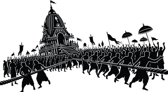 Lord Jagannath Ratha Yatra Festival Silhouette Illustration With Crowd Pulling Chariot Rope