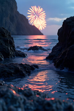 Fireworks display over a coastal landscape with rocky cliffs and ocean waves at dusk firework pyrotechnics explosions sparklers celebration festival