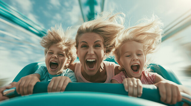 Thrilled family having fun on a roller coaster. Excited mother and kids screaming with joy in an amusement park. Summer vacation and adrenaline concept rollercoaster
