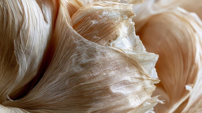 Dried corn husk texture background with abstract folds and wrinkles, showing natural organic fiber and intricate patterns in neutral beige tones