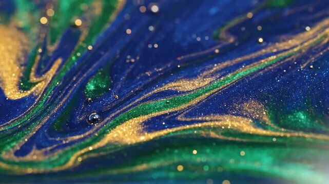 Abstract swirling gold blue green liquid with glitter texture