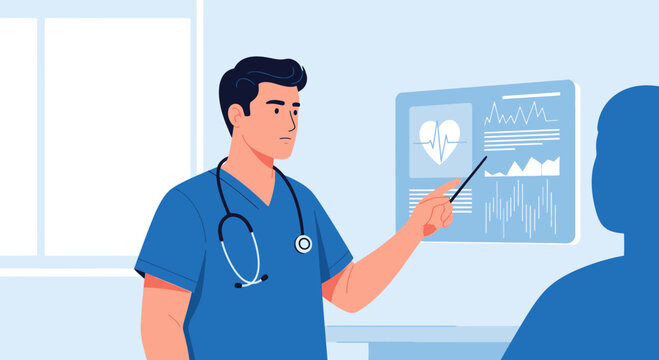 Doctor explaining medical data on screen to patient in clinic.