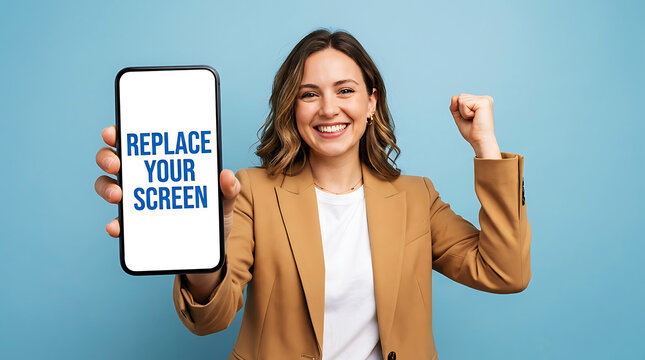 Professional woman in blazer holding phone with replace your screen message on display, professional