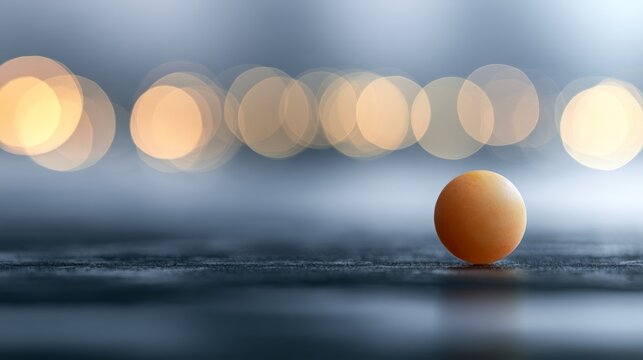Orange ping pong ball standing still on a dark table surface. Creating a sharp focus against a soft. Out-of-focus background with beautiful. Round bokeh lights