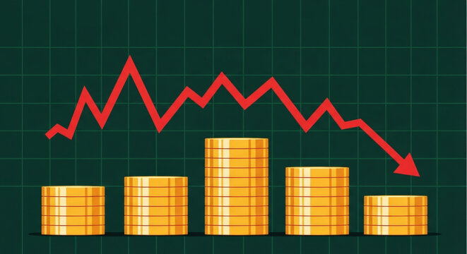 Declining red arrow and decreasing coin stacks on dark grid background symbolizing financial loss stock market crash and economic downturn concept.
