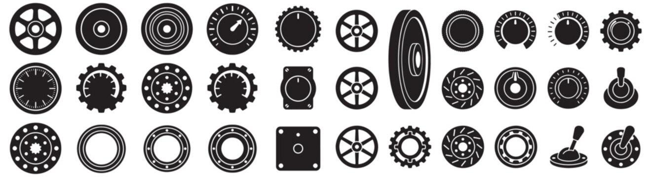 Mechanical Gear and Industrial Control Knob Silhouette Icon Set - Vector Collection for Engineering Blueprints, Machine Schematics
