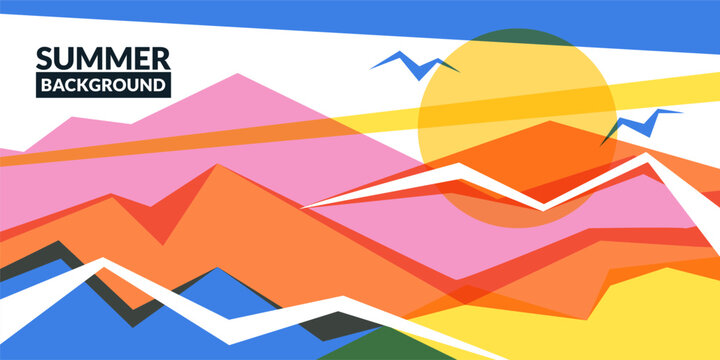 Abstract summer horizontal background with mountains peak, sun, birds. Vector geometric colorful landscape illustration