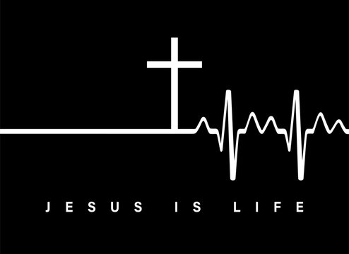 Cross Heartbeat, Jesus is life - christian concept for t-shirt design. Pulse line and cross - symbol of Christ saving and giving eternal life. Vector illustration