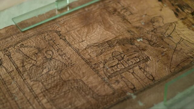 Ancient egyptian manuscript showing drawings of gods and hieroglyphics
