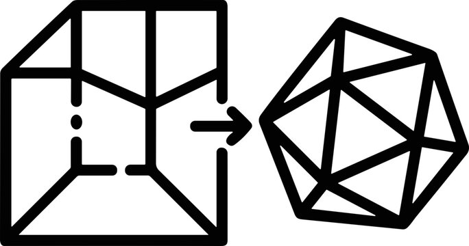 Abstract geometric transformation: cube to polyhedron, concept of change and data processing