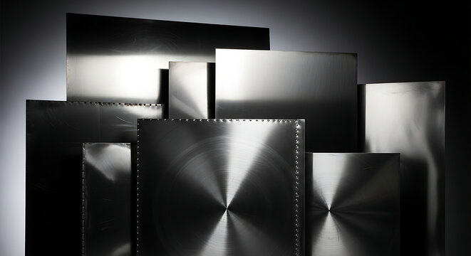 Collection of various polished metal sheets and plates with rivet details