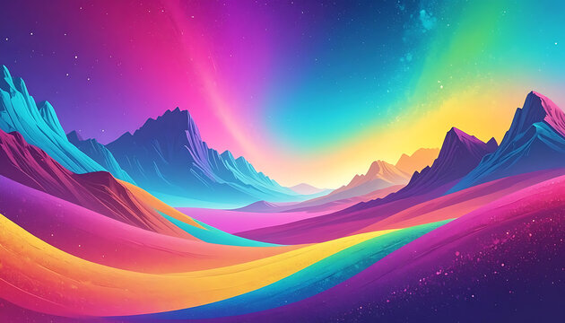 vibrant pixel art landscape with rolling colorful mountains and glowing night sky, ethereal synthwave horizon, dreamy digital fantasy scenery