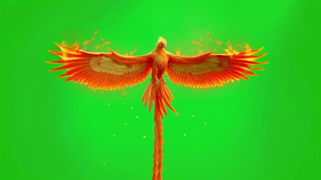 Fiery phoenix bird rising from flames on green screen background, chroma key