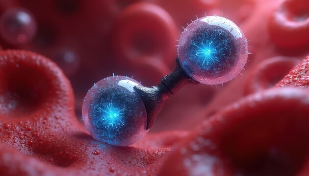 Microscopic nanobots with blue light cores navigate a blood vessel. Tiny machines interact with red blood cells. Future medicine, biotech, and cellular repair.