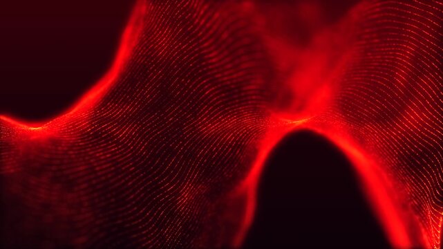 An animated wavy surface of glowing dots and lines creates a dynamic digital structure. Sound wave. High-tech abstract technological background for a presentation. 4k Animation